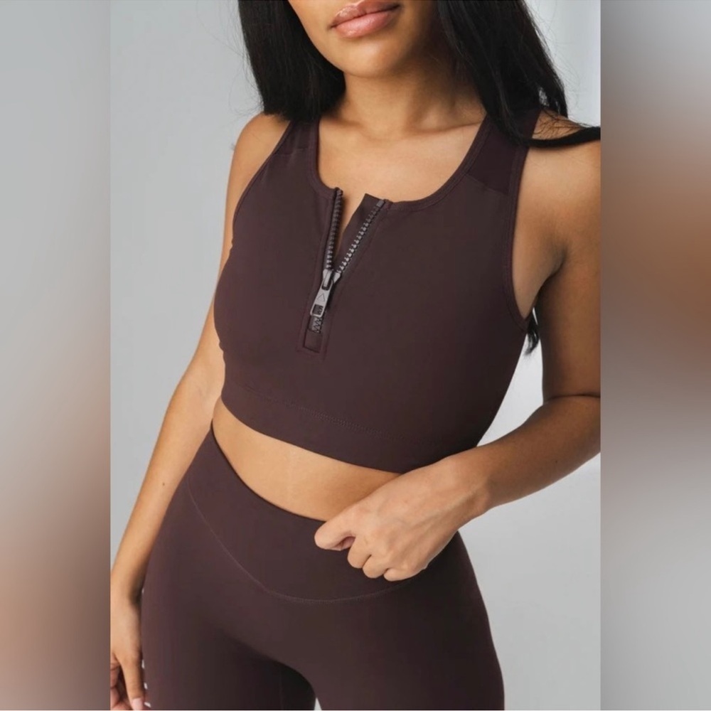 Balance Athletica The Isotope Front Zip Bra Vitality Workout Gym Brown Obsidian